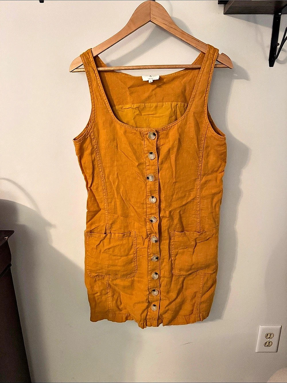Lou & Grey Linen Button-Down Mini Dress Mustard Yellow Medium